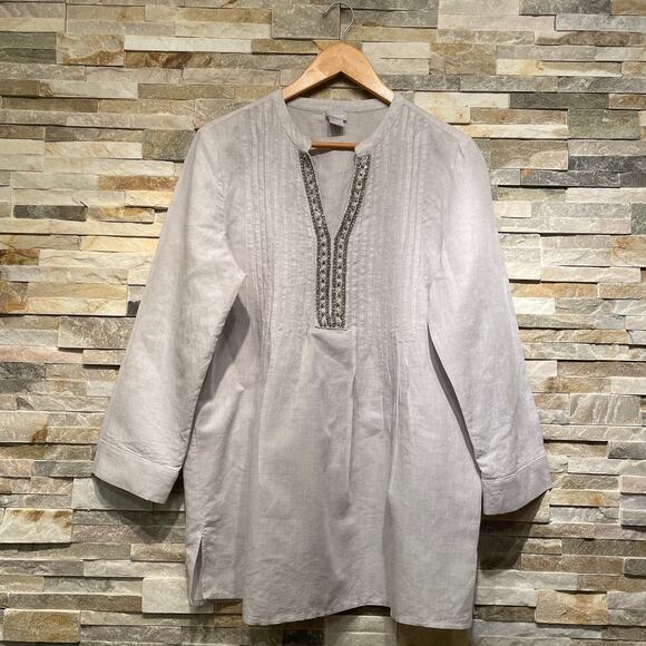 Chico's 2 (12/14) Embellished Rhinestones Tunic Top | Linen Blend, Light Gray - Picture 5 of 7
